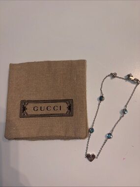 Gucci Sterling Silver Heart and Blue Crystal Station Bracelet